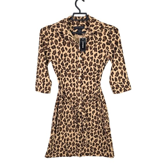 Womens Express Brown Animal Print Dress Button Up Long Sleeve Size 1/2 - Picture 1 of 9